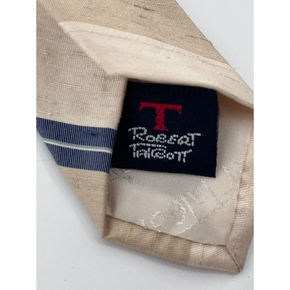Robert Talbott Dick Bruhn Mens Silk Tie Beige Navy Blue Striped Hand Sewn USA